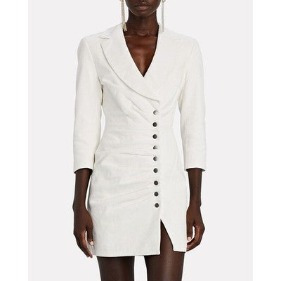 retrofete White Vtg. Lambskin Leather Willa Ruched Assym. Button Mini Dress - X-Small