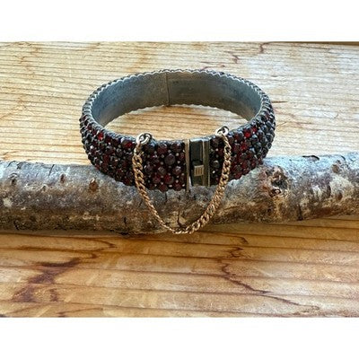Antique Bohemian Rose Cut Garnet Five Row Bangle Bracelet w/12K Gold Chain