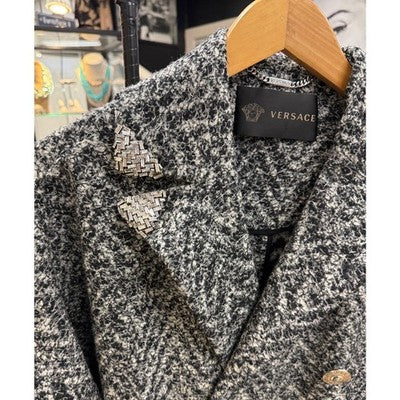 VERSACE Black & Grey Button Up Wool Blend 304 Sleeve Zip Accent Coat - Small