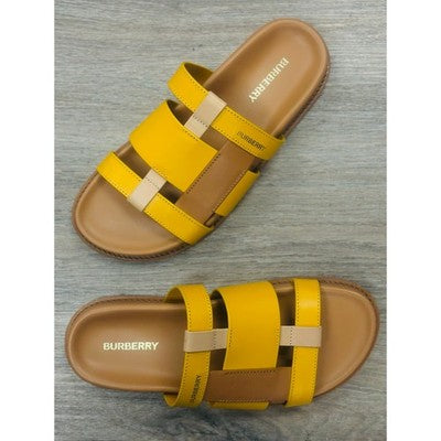 BURBERRY Yellow & Tan Thelma Color Block Leather Slides Sandals Sz. 37