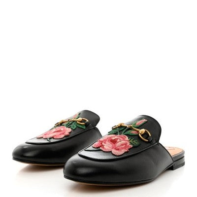 GUCCI Princetown Leather Mules Embroidered Floral Horse bit Flats (New w/box) Sz. 36
