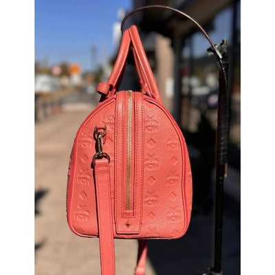 SOLD! MCM Mauve Calfskin Visetos Leather Embossed Monogram Boston Satchel Handbag