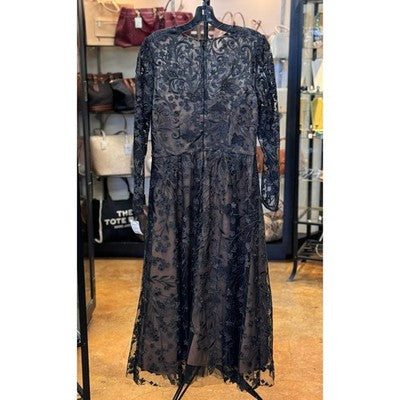 MARCHESA NOTTE Black & Tan Floral Lace Long Sleeve Maxi Dress / Gown SZ. 2