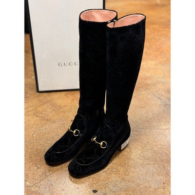 SOLD! GUCCI Black Velvet Monogram Horsebit Malaga Knee-High Crystal Boots NEW Sz. 38 1/2