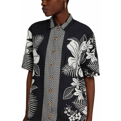 FARM RIO Black & White Macaw Elegance Unisex Button Down Floral/Hawaiian Shirt NEW - Large