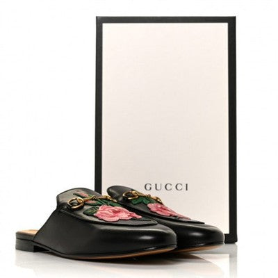 GUCCI Princetown Leather Mules Embroidered Floral Horse bit Flats (New w/box) Sz. 36
