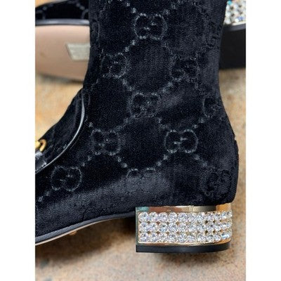 SOLD! GUCCI Black Velvet Monogram Horsebit Malaga Knee-High Crystal Boots NEW Sz. 38 1/2