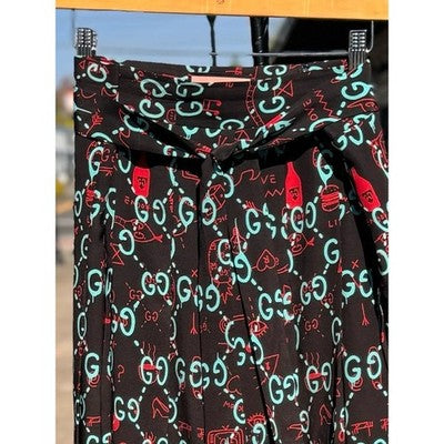 GUCCI Ghost Print Monogram Signature Pleated Silk Belted Skirt Cardi B. Sz. 48