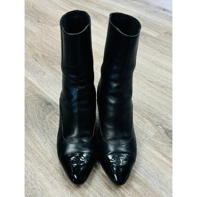 CHANEL Black Lambskin Leather Elastic Cap Toe Short Ankle Boots Sz. 37