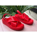 SOLD! CARRANO Red Quilted Leather Cross Ankle Buckle Strap Platform Sandals Sz. 8O