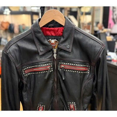 Vintage 90’s Harley Davidson Black Leather Zip Studded Women's Moto Jacket - Medium