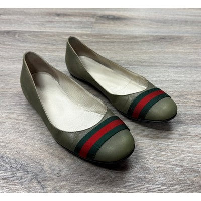 SOLD! Vintage Y2K GUCCI Web Strap Leather Round Tor Ballet Flats Sz. 39