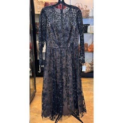MARCHESA NOTTE Black & Tan Floral Lace Long Sleeve Maxi Dress / Gown SZ. 2