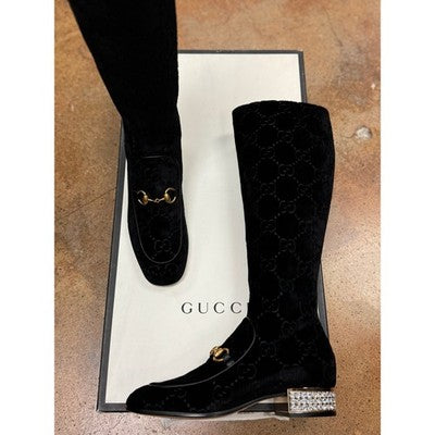 SOLD! GUCCI Black Velvet Monogram Horsebit Malaga Knee-High Crystal Boots NEW Sz. 38 1/2