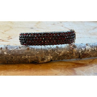 Antique Bohemian Rose Cut Garnet Five Row Bangle Bracelet w/12K Gold Chain