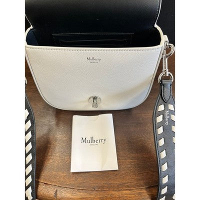 MULBERRY White & Black Leather Darley Small Satchel Crossbody Turn Lock Bag