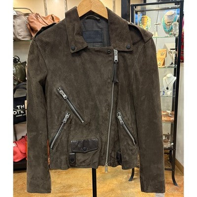 SOLD! ALL SAINTS Brown Suede Asymmetrical Zip Leather Jacket Sz. 6