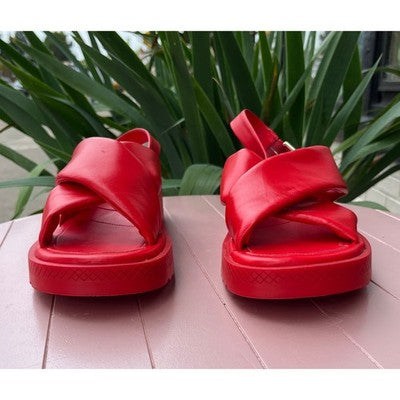 SOLD! CARRANO Red Quilted Leather Cross Ankle Buckle Strap Platform Sandals Sz. 8O