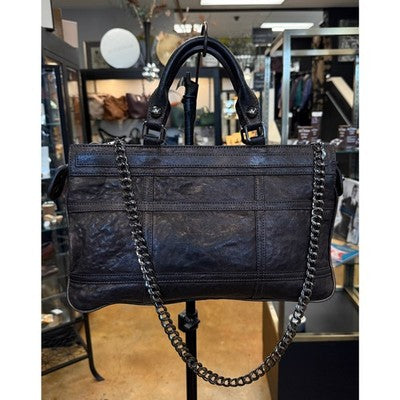 BE & D Brown Leather Satchel Tote Chain Top Zip Bag