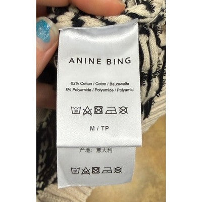 ANINE BING Black Cream Button Up Cotton Knit Short Sleeve Tommy Sweater - Medium