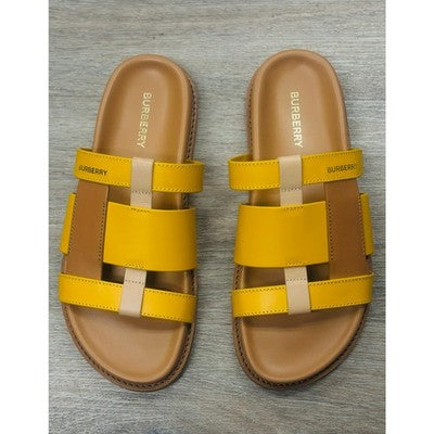BURBERRY Yellow & Tan Thelma Color Block Leather Slides Sandals Sz. 37