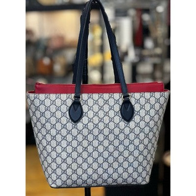 GUCCI GG Supreme Large Navy Blue Monogram & Red Leather Tote Shoulder Bag