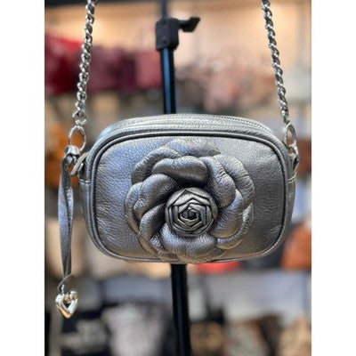 Brighton Silver Rosie Mini Camera Leather Rose Zip Crossbody Bag