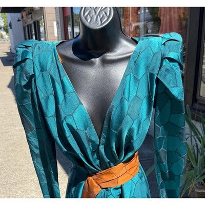 Vintage 80’s (Dynasty Era! Andrea Odicini Turquoise & Brown Silk Martha Palm Beach Dress Sz. 40/8