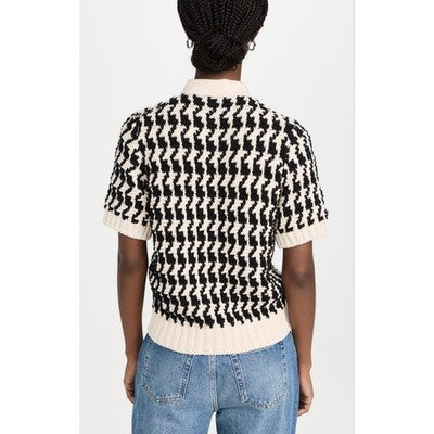 ANINE BING Black Cream Button Up Cotton Knit Short Sleeve Tommy Sweater - Medium