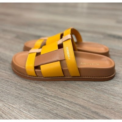 BURBERRY Yellow & Tan Thelma Color Block Leather Slides Sandals Sz. 37