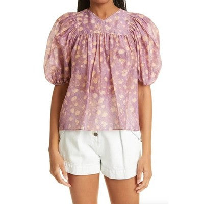 ULLA JOHNSON Sz. 12 Pink & Cream Livana Blouse Puff Sleeve Silk / Cott
