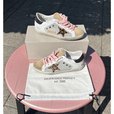 GOLDEN GOOSE White Superstar Leopard Horsy Star Glitter Heel Shoes w/Box Sz. 36