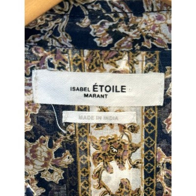 ISABEL ETOILE MARANT Blue Yellow Cotton Striped Floral Print Mock Blouse Sz. - Medium