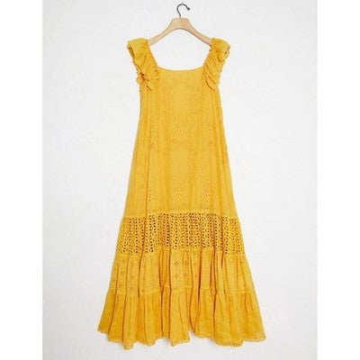 PAYAL JAIN Yellow Embroidered Sleeveless Floral Fallon Eyelet Maxi Dress Sz. 12