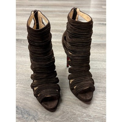 SOLD! Louboutin Brown Suede Strappy Caged Ankle Booties Sandals Peep Toe Heels Sz. 39