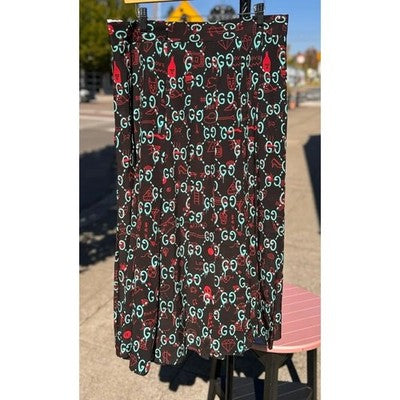 GUCCI Ghost Print Monogram Signature Pleated Silk Belted Skirt Cardi B. Sz. 48