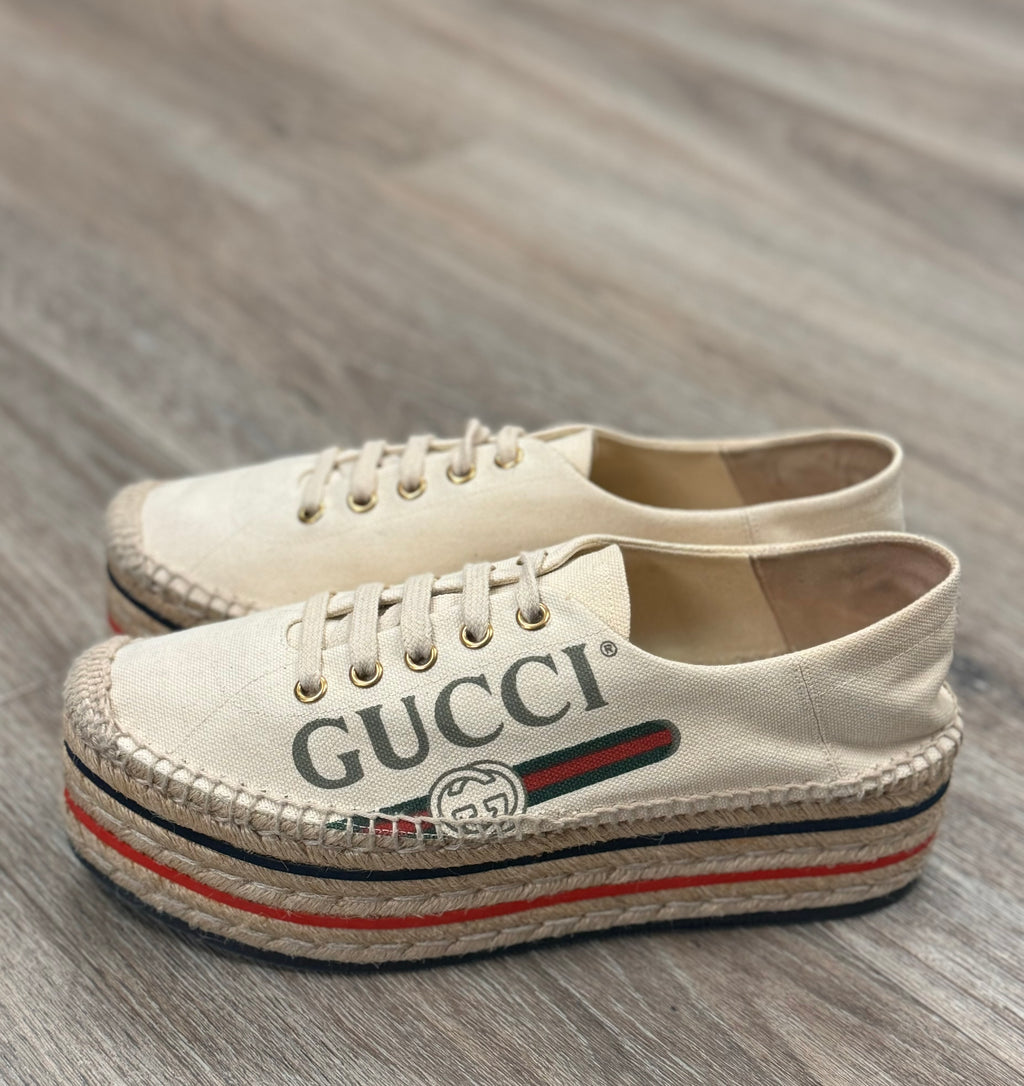 GUCCI Lillibeth Canvas Espadrille Platform Logo Sneakers Sz. 38 / 8