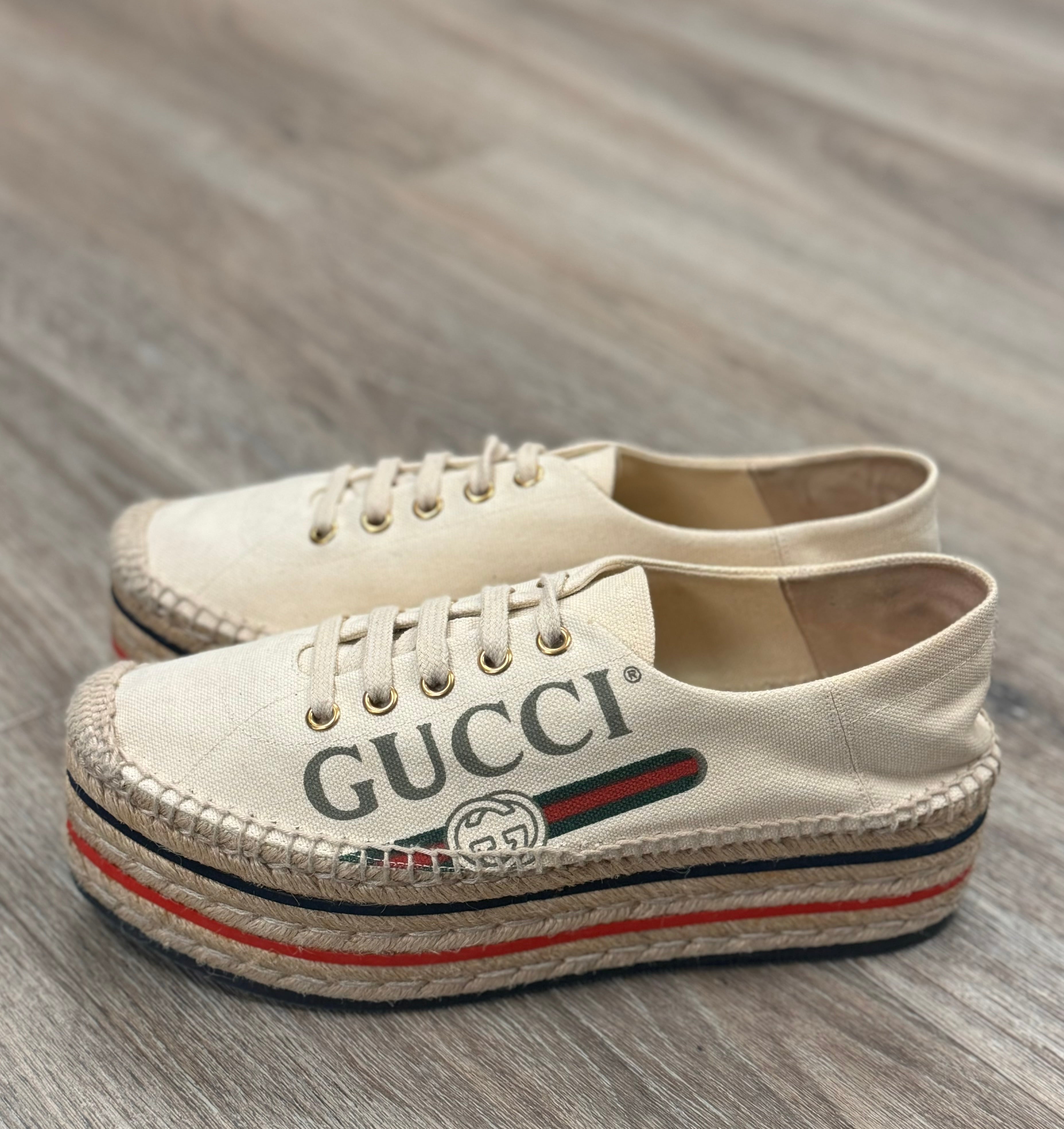 GUCCI Lillibeth Canvas Espadrille Platform Logo Sneakers Sz. 38 / 8