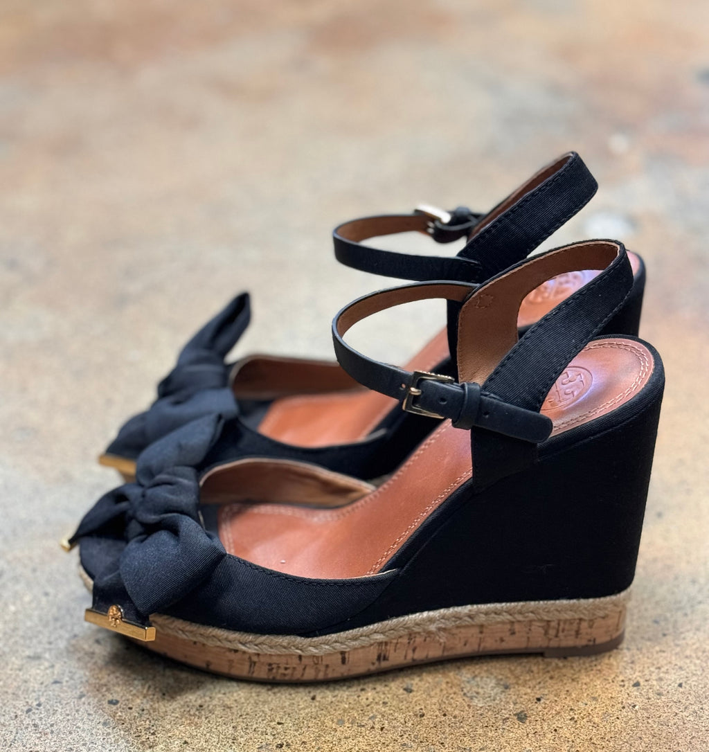 SOLD! TORY BURCH Black Espadrille Bow Wedge Sandals Sz. 8