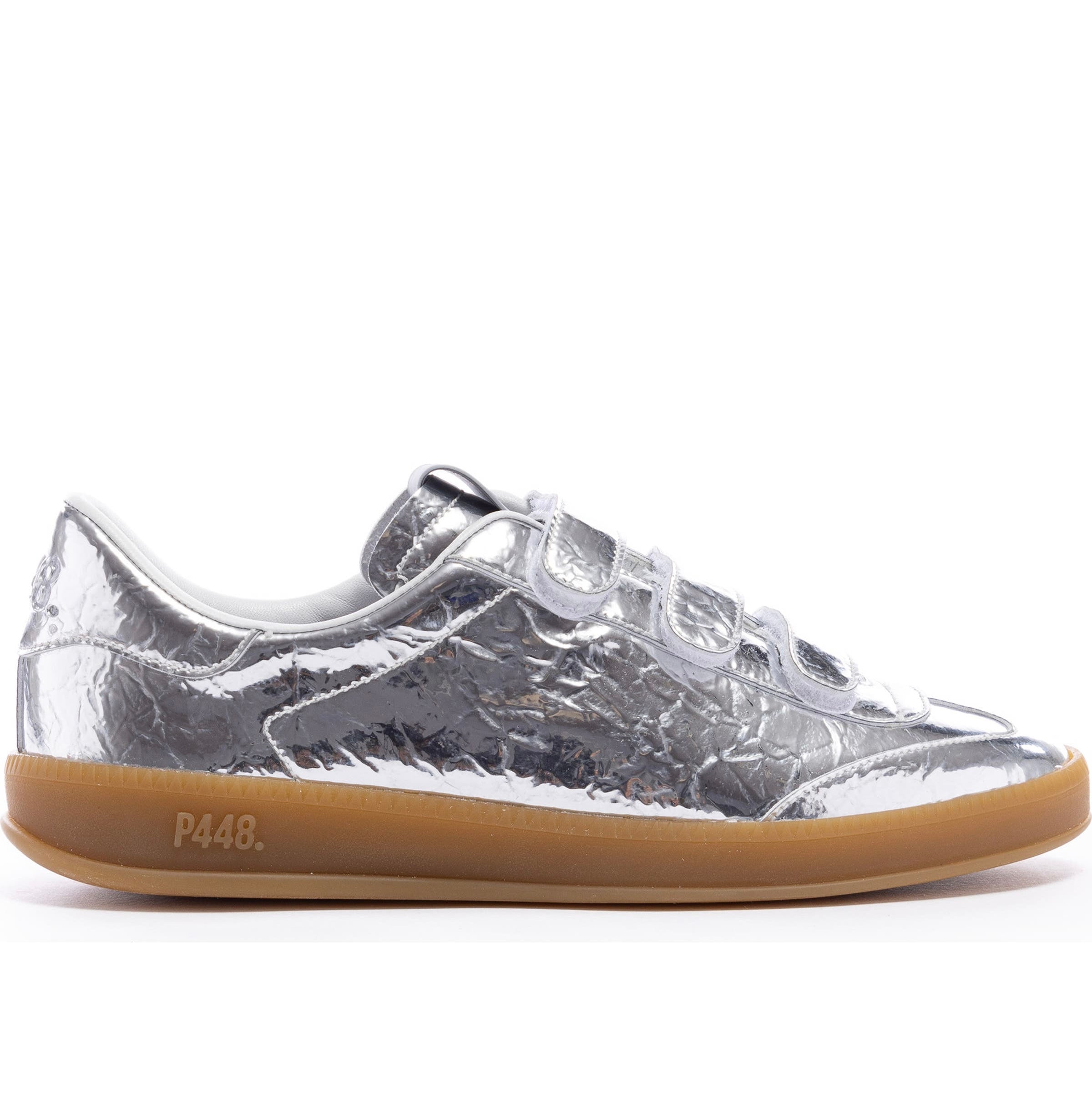 P448 Metallic Silver Monza 3 Strap Leather Shoes Sz. 39 / 8-8.5
