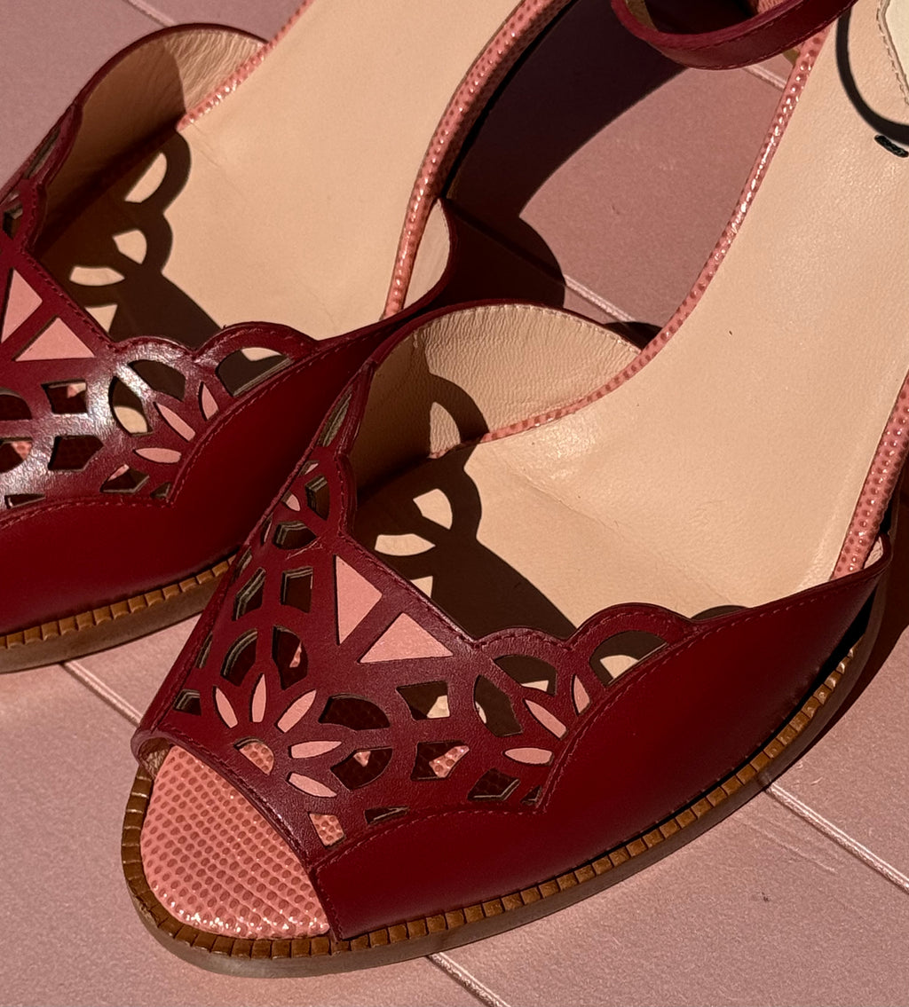 FENDI Pink Leather Embossed Heel Ankle Wrap Sandals Sz. 8