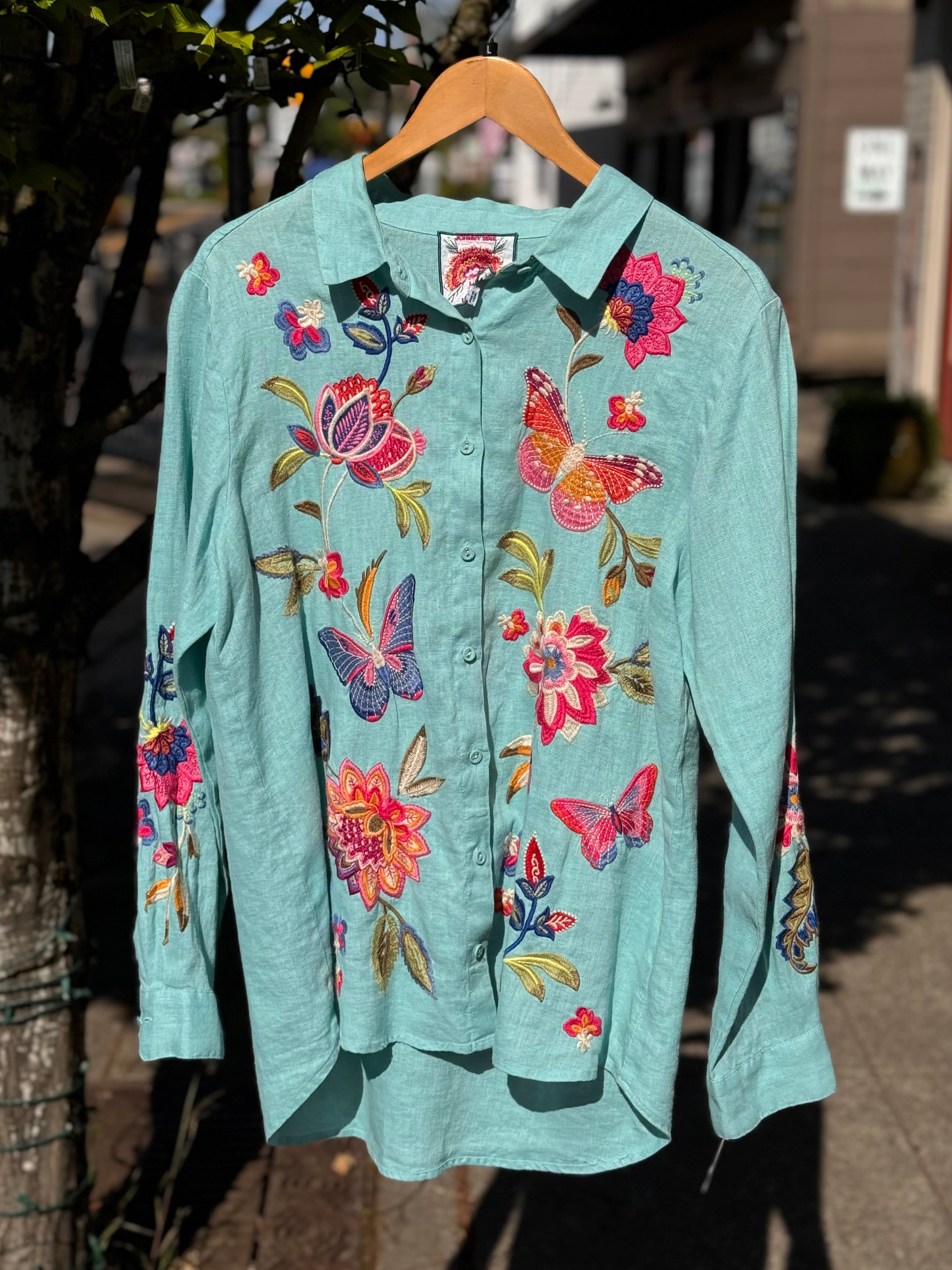 JOHNNY WAS Gracey 100% Linen Embroidered Teal Top Large