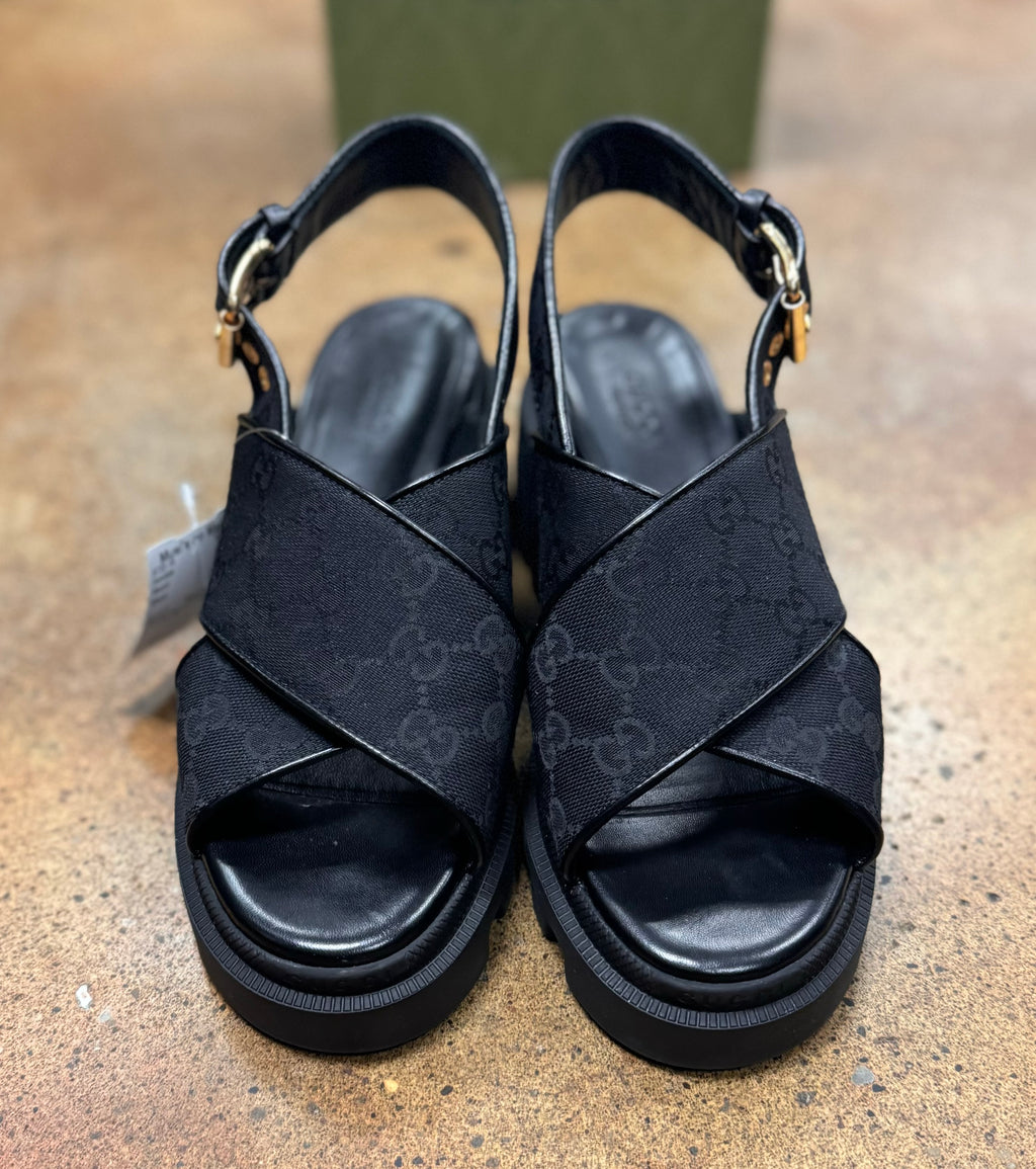 GUCCI Black Canvas Slingback GG Monogram Platform Sandals Sz. 7 1/2