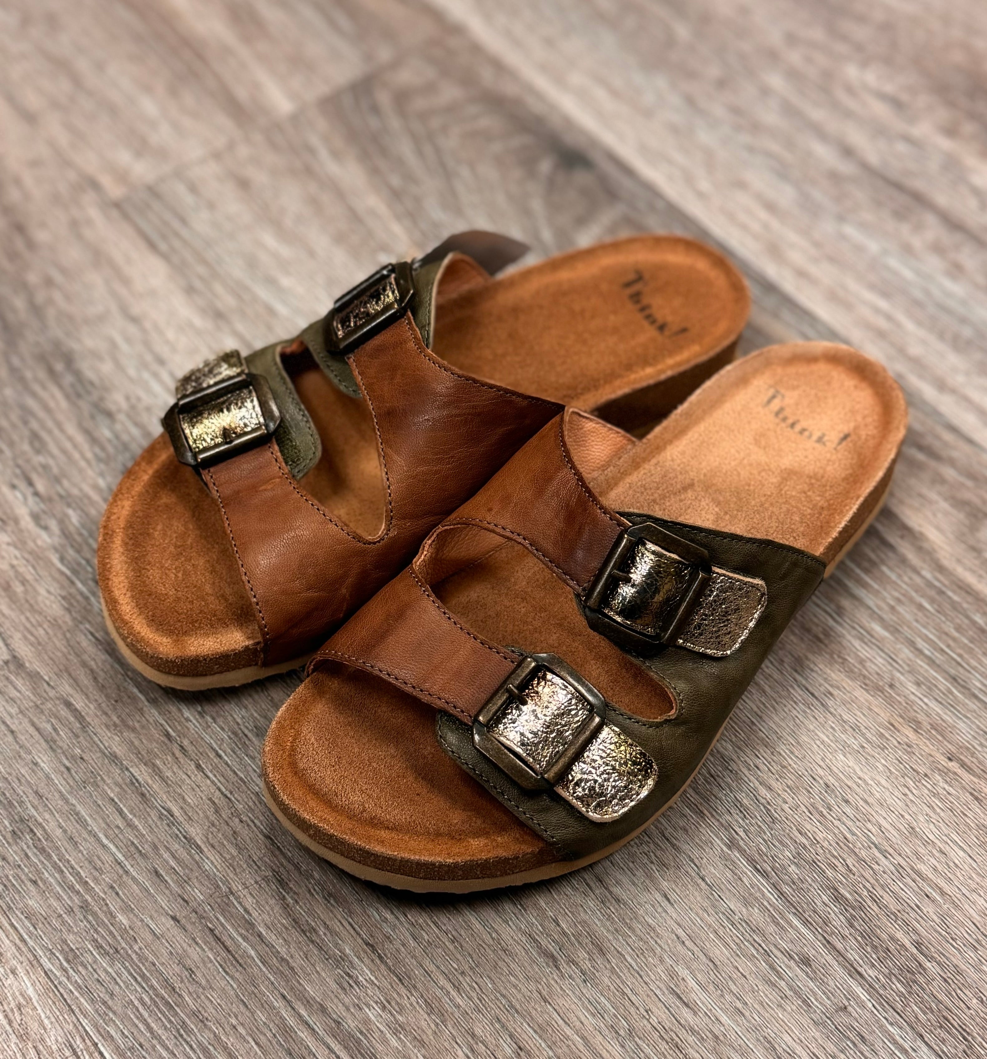 Think! Brown & Green Buckle Bluza 2 Slide Sandals Sz. 38