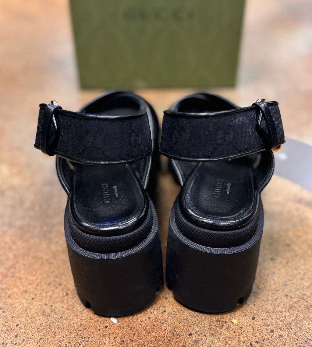 GUCCI Black Canvas Slingback GG Monogram Platform Sandals Sz. 7 1/2