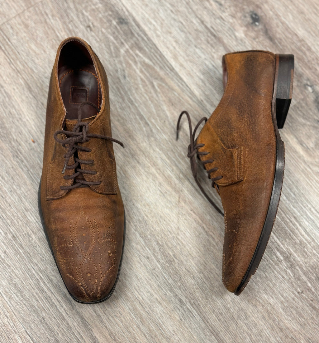 Men's BOSS Brown Leather Embroidered Lace Up Oxford Shoes Sz. 43