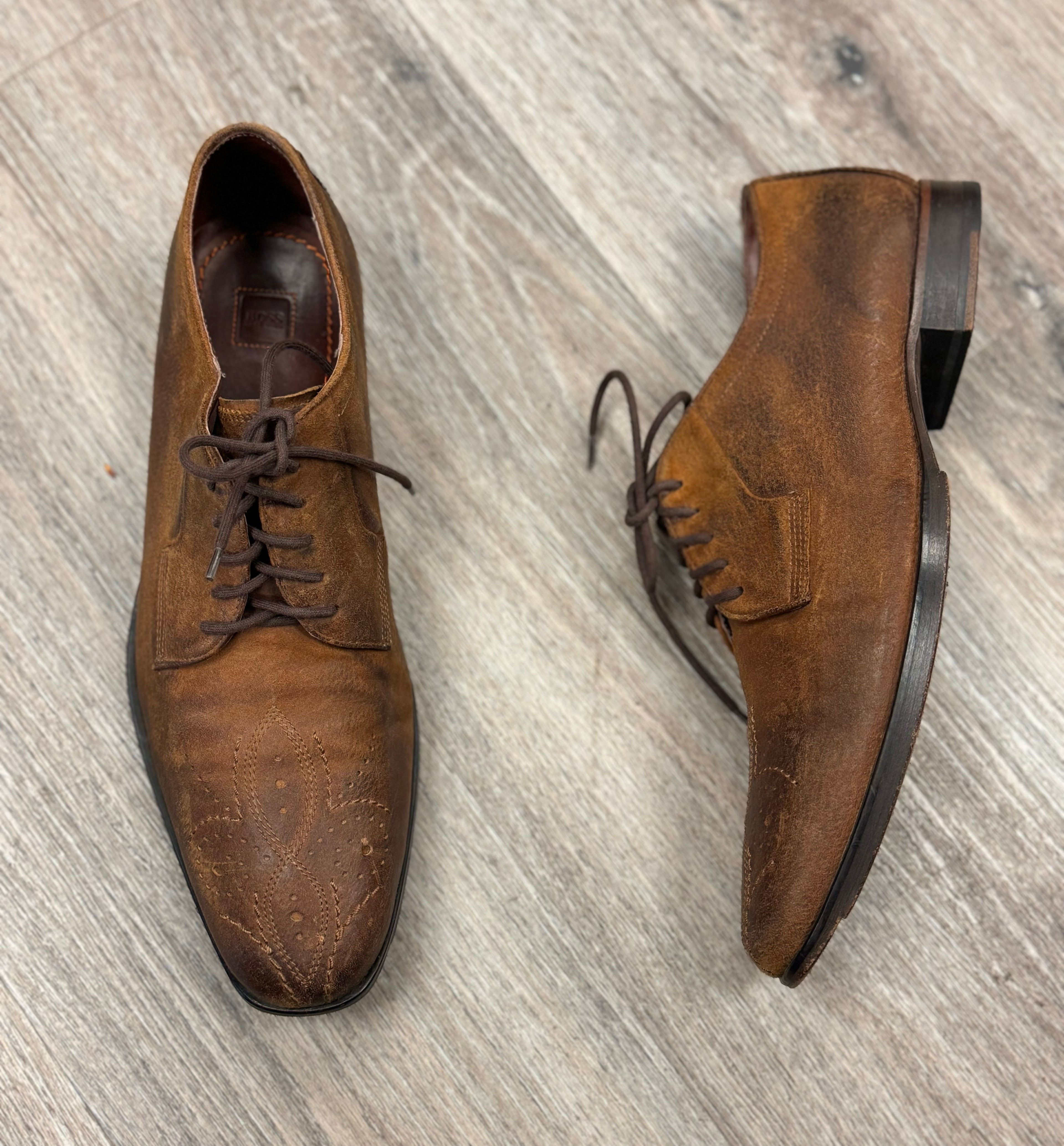 Men's BOSS Brown Leather Embroidered Lace Up Oxford Shoes Sz. 43
