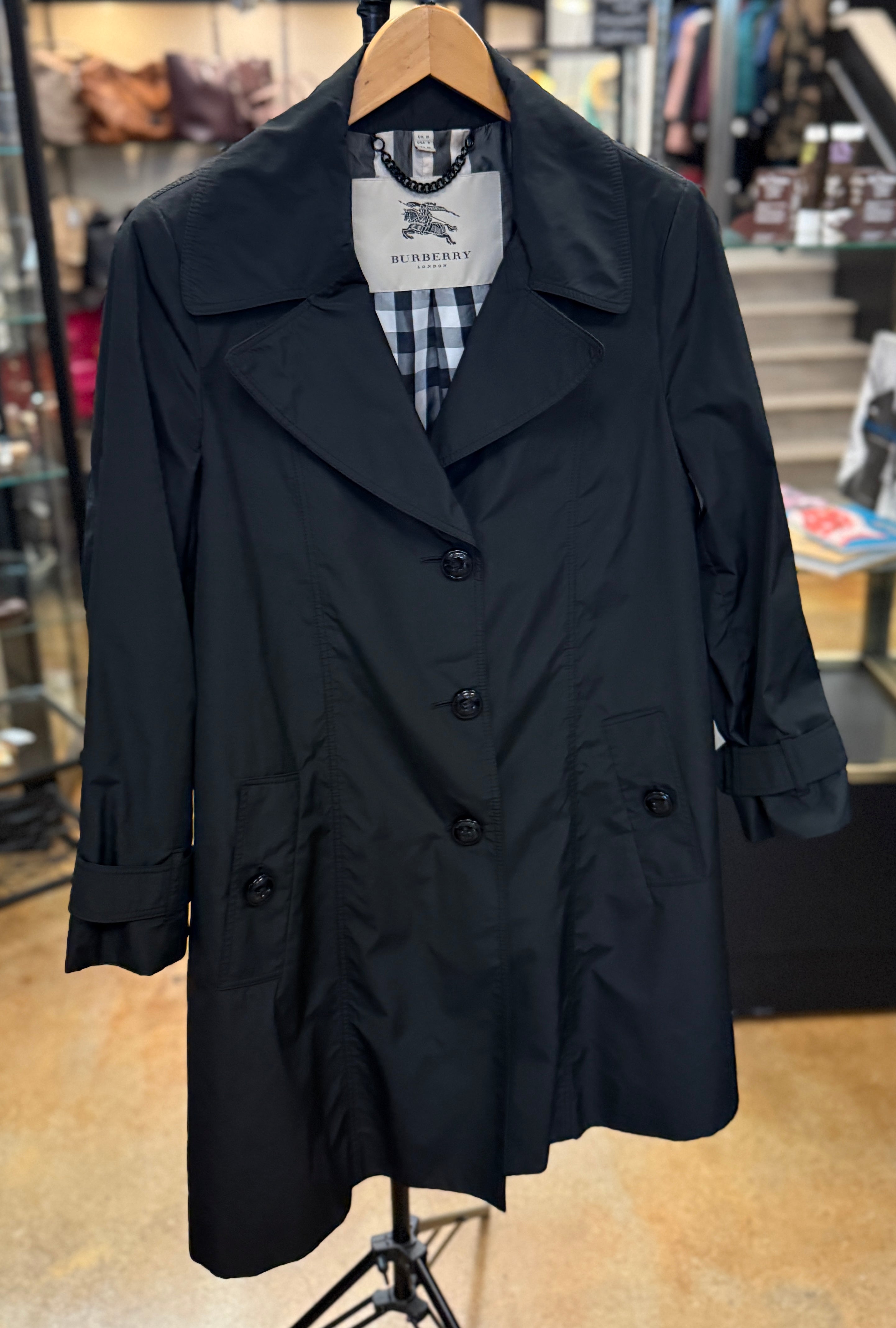SOLD! BURBERRY London Black Lightweight Trench Coat w/Nova Check Lining Sz. 8