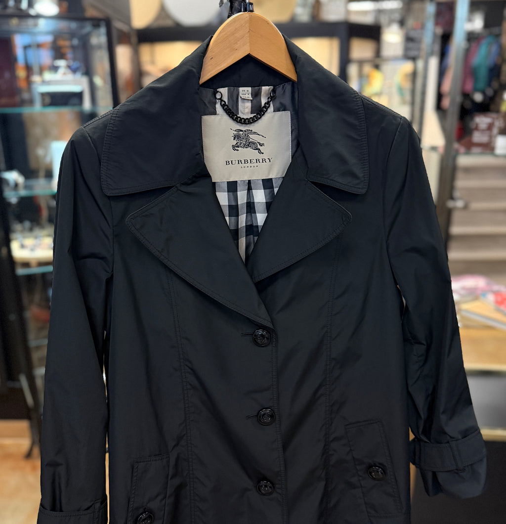 SOLD! BURBERRY London Black Lightweight Trench Coat w/Nova Check Lining Sz. 8