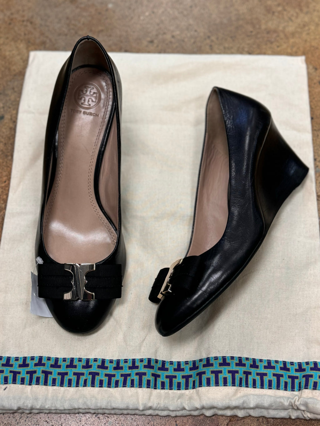 TORY BURCH Black Gemini Link Bow Leather Shoes Sz. 8 1/2